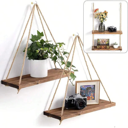 Wooden Swing Rope Wall Shelf
